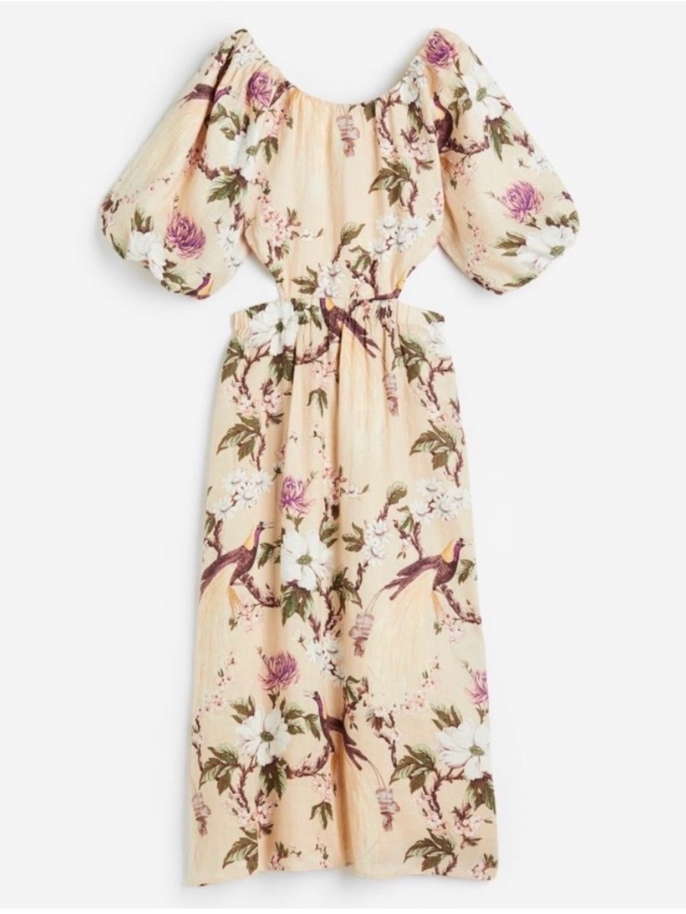100% Linen H&M Cream Midi Dress with Puff Sleeves and Floral & Bird Print